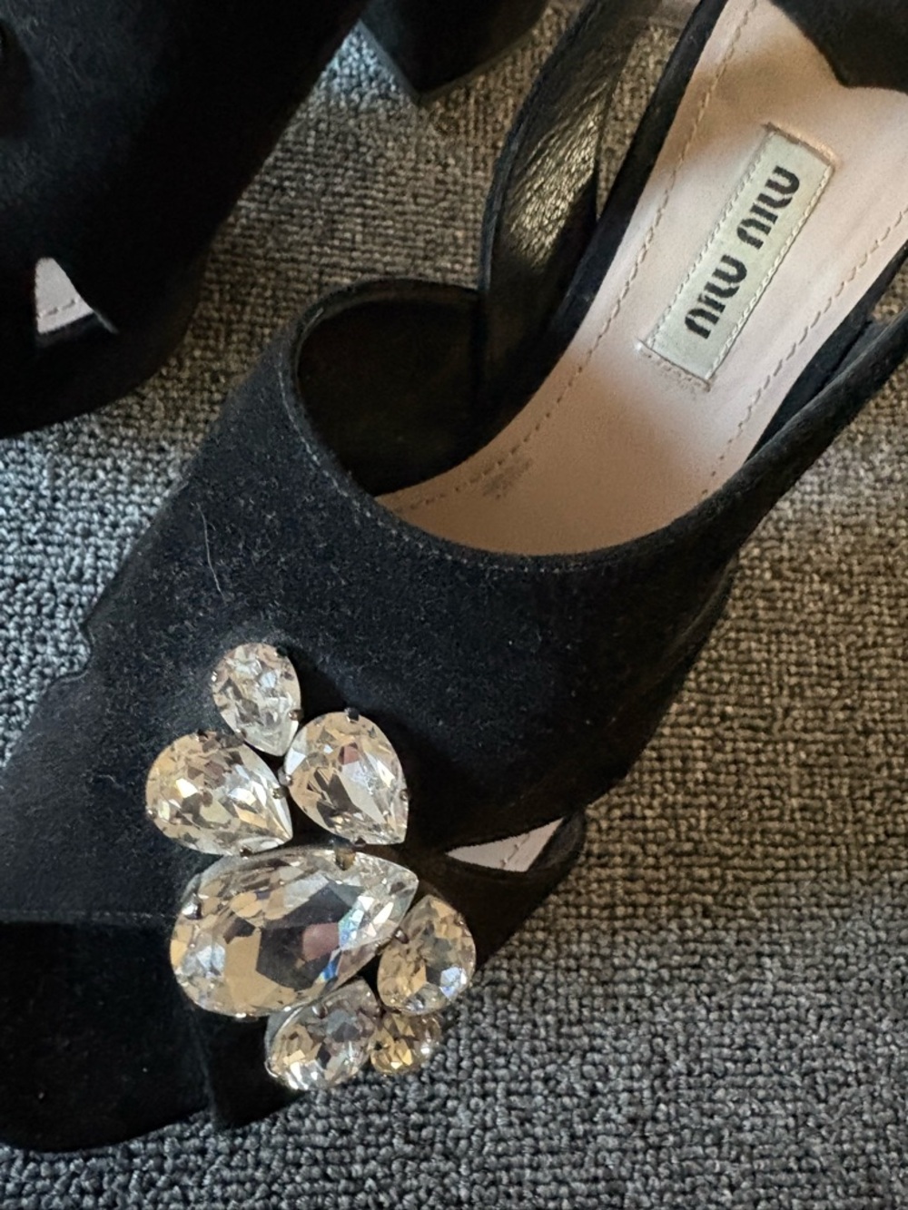 Miu Miu Black Suede Heels with Crystal Embellished  Accent
